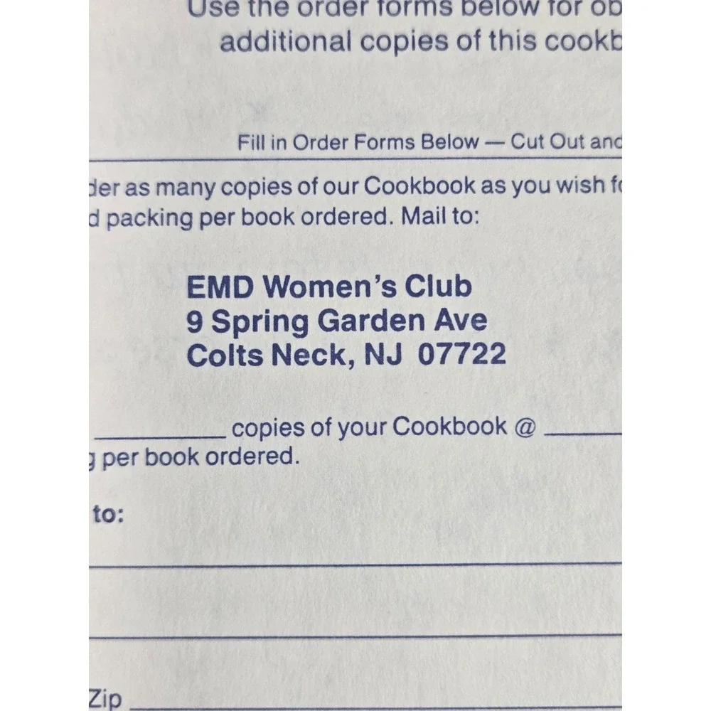 EMD Women's Club Cookbook Cook Book Colts Neck New Jersey 1986‎ Recipe Book